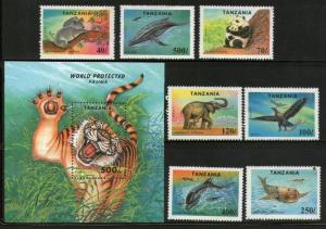 Tanzania 1994 Endengered Species Tiger Elephant Animal Sc 1287-94 7v+ M/s MNH...