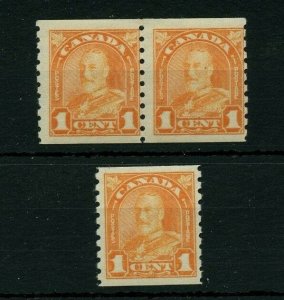 #162 ONE cent ARCH issue 1c Orange coil pair & single fVFMNH Cat $60 Canada mint