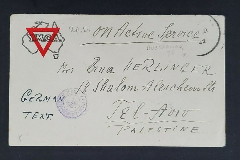 1942 Palestine Australian Army Base Tel-Aviv German Text Censored Airmail Cover