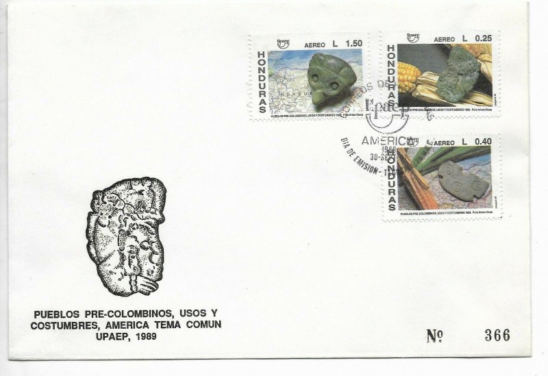 HONDURAS 1989 PRE COLOMBIAN PEOPLES, ARCHEOLOGY AMERICA UPAEP FIRST DAY COVER
