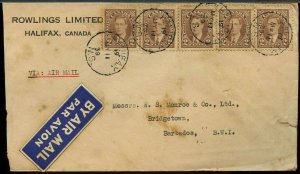 5x2c = 10c Mufti airmail for 1/4oz 1939 to BARBADOS BWI w/receiver Canada cover