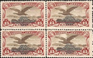 RJ) 1928 MEXICO, BLOCK OF 4, EAGLE OVER MOUNTAINS, WITH OVERPRINT IN BLACK SCOTT