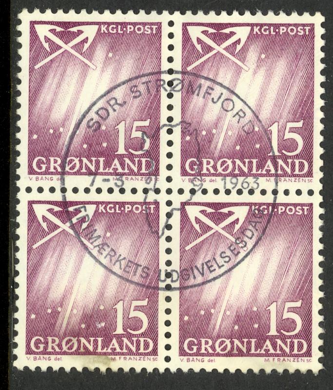 GREENLAND 1963-68 15o NORTHERN LIGHTS AND CROSSED ANCHORS BLOCK OF 4 Sc 52 FDOI