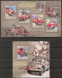 Central African Republic 2014 Fire Trucks Sheet+ S/S MNH