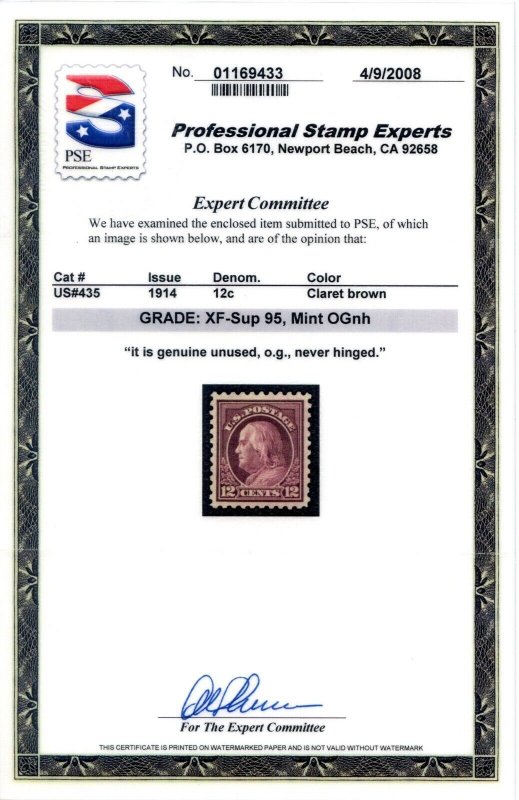 US SCOTT #435 MINT-XF-SUPERB-OG-NH GRADED 95 W/ PSE CERT SMQ $475 (8/1/24 GP)