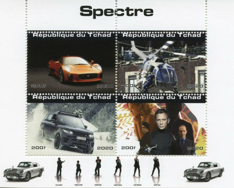 Chad James Bond Stamps 2020 MNH Spectre Daniel Craig Cars Helicopters 4v M/S 