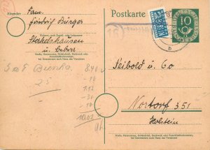 E0057 German postal stationery featuring a pre-printed 10 Pfennig post horn 1953