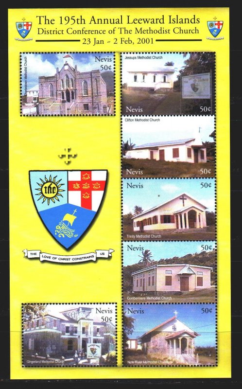 Nevis. 2001. Small sheet 1661-67. Methodist churches, architecture. MNH.