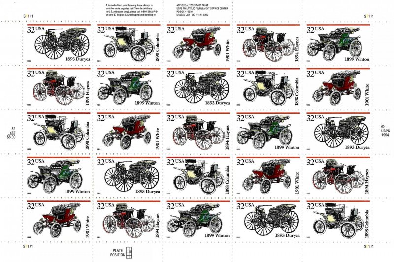 US #3019-23 32c Antique Automobiles VF MNH Sheet of 20 (1995)