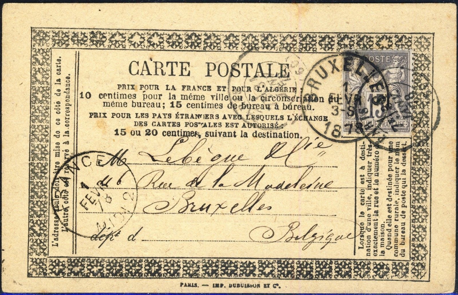France 1878 Carte Precurseur Privee L Evenement Affr 15c Sage Pour La Belgique Hipstamp