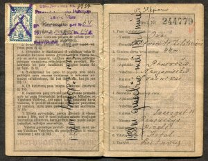 p819 - LITHUANIA Panevezis 1920s-30s Municipal REVENUE Stamps on Passport.