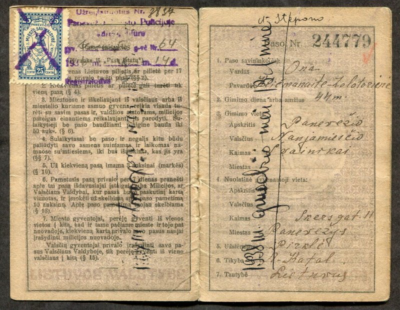 p819 - LITHUANIA Panevezis 1920s-30s Municipal REVENUE Stamps on Passport.