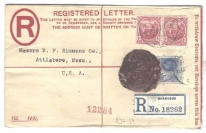 Barbados 1924 Fine 2½d reg envelope to USA uprated pair 1d's