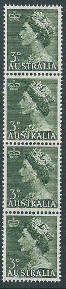 AUSTRALIA 1953 QE 3d COIL JOIN strip of 4 MNH..............................40957