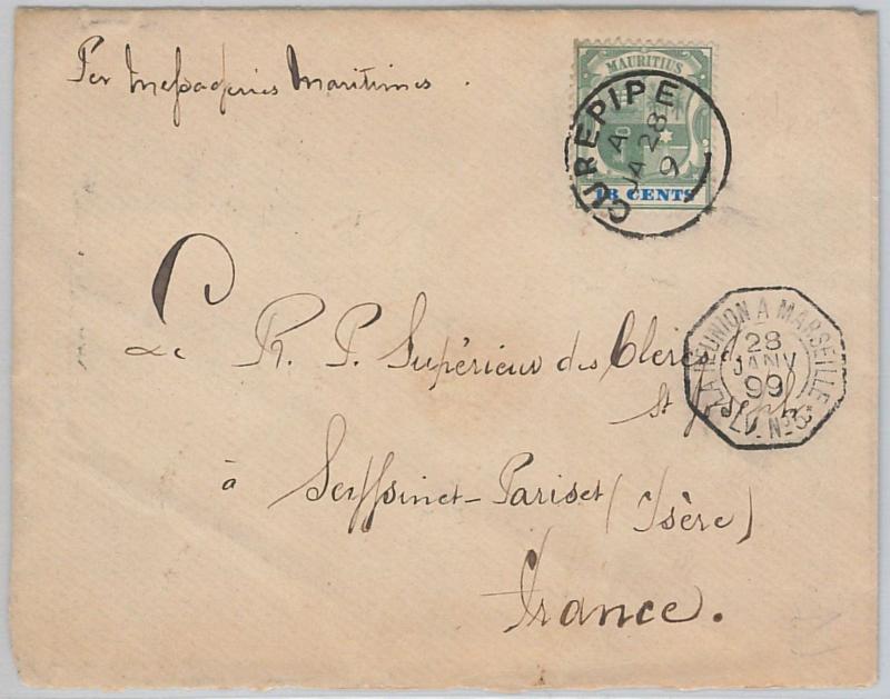 51908 - MAURITIUS -  POSTAL HISTORY - COVER  from CUREPIPE  to FRANCE 1899