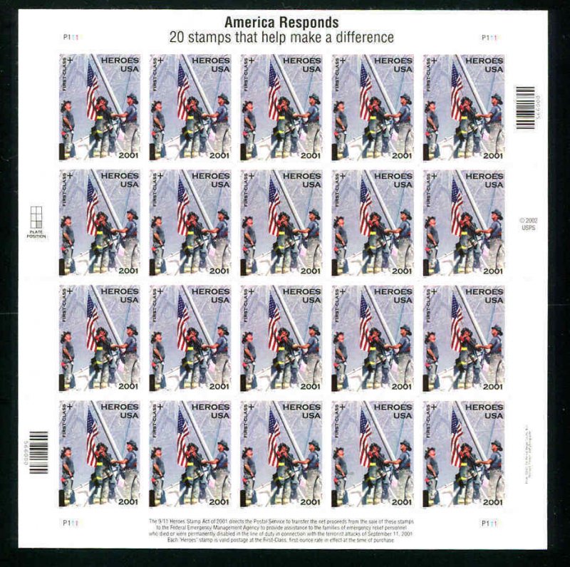 America Responds 911 Selling At Face Value Semi Postal 34+11¢  Scott B2