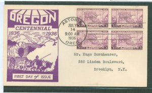 US 783 1936 Oregon Territory Centennial (block of 4) on an addressed (typed) FDC with a Washington Stamp Exchange Cachet and an