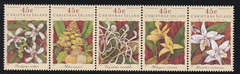 Christmas Island #  363, Orchids, Strip of Five, NH, 1/2 Cat.