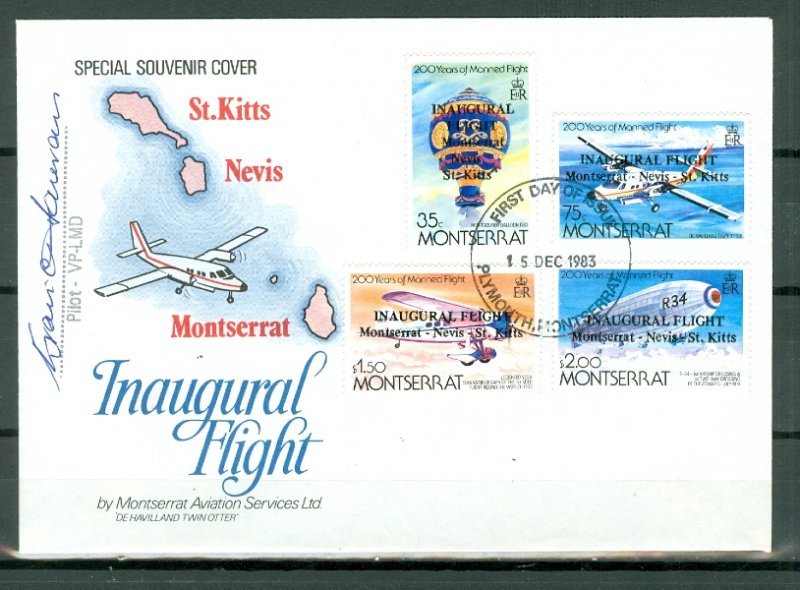 MONTSERRAT PRIVATE COVER.. INAUGURAL FLIGHT MONTS-NEVIS-ST.KITTS .. #503-506