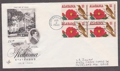 1375 Alabama Statehood block of 4 Addressed ArtCraft FDC