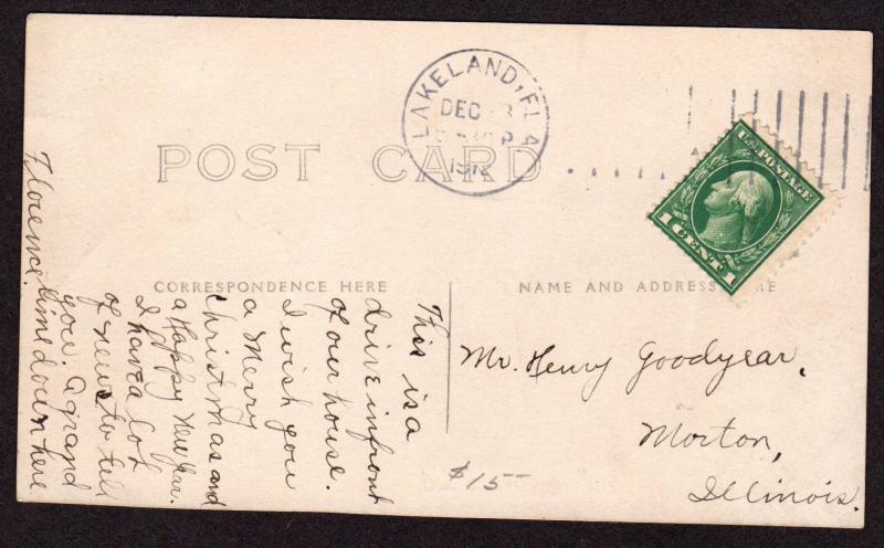 $Florida Machine Cancel Cover, Lakeland, 12/xx/1912, vertical lines 15 1/2 mm