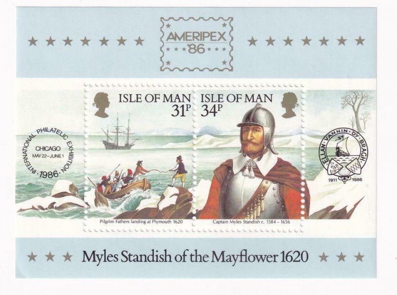 ISLE OF MAN VF-MNH AMERIPEX MYLES STANDISH OF THE MAYFLOWER S/SHEET