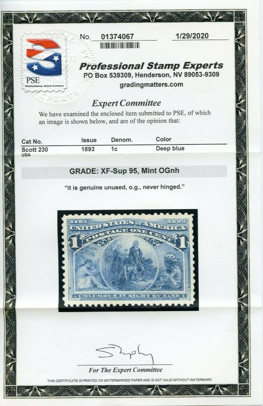 US SCOTT #230, Mint-XF-Sup-OG-NH Graded 95 PSE Cert SMQ $300 (DFP 2/5/20)