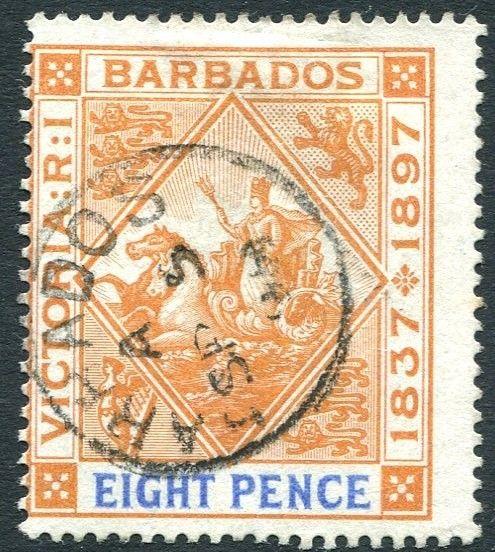 BARBADOS-1897-98 Diamond Jubilee 8d Orange & Ultramarine Sg 122 FINE USED V23829