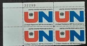 US Scott # 1419; 6c United Nations from 1970; MNH, og, VF plate block of 4