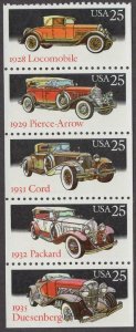 1988 Classic Automobiles Cars Booklet Pane of 5 25c Stamps, Sc#2381-2385, MNH OG