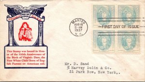 FDC 1937 SC #796 Kapner Cachet - Manteo, NC - Block Of 4 - F70977