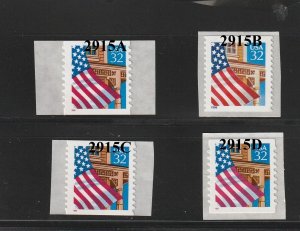 Single 32c Flag US #2915A, US 2915B, US 2915C , US 2915D Lot (4) MNH