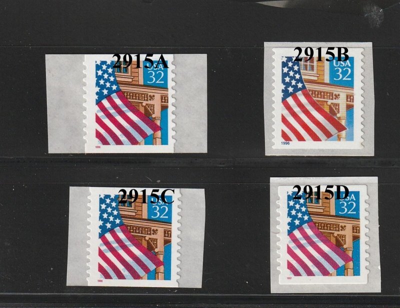 Single 32c Flag US #2915A, US 2915B, US 2915C , US 2915D Lot (4) MNH