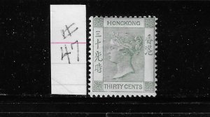 HONG KONG SCOTT #47 1882-1902 VICTORIA WMK 2- 30 CENTS (GRAY GREEN) MINT LH