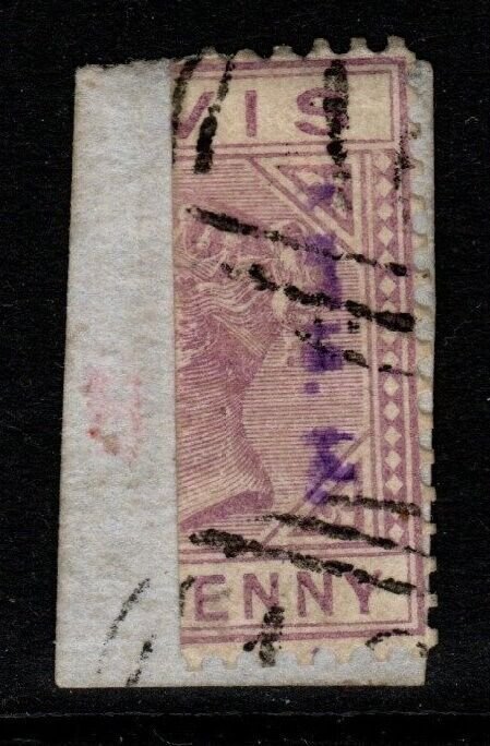 NEVIS SG35 1883 ½d on HALF 1d LILAC-MAUVE (VIOLET OVERPRINT) USED ON PIECE