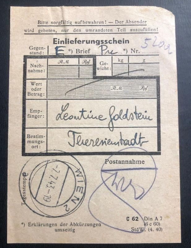 1943 Vienna Germany Theresienstadt Concentration Camp Cover Money Order Receipt