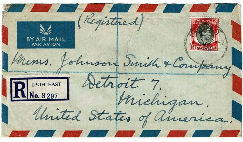 Malaya BMA 1949 Ipoh (Perak) cancel on registered, airmail cover to the U.S.