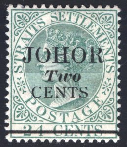 Malaya Johore 1891 2c on 24c Green, Scott 15 type b, SG 18, MLH Cat $150