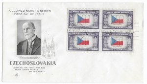 1943 FDC, #910, 5c Overrun Country - Czechoslovakia, Art Craft, block of 4