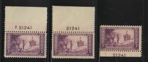 1934 Wisconsin Tercentenary 3c purple Sc 739 MNH matched plate number 21241 (F
