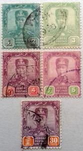 JOHORE 1921 Sultan Ibrahim Set of 5 Used Scott 103,104,106,107,114 CV$10