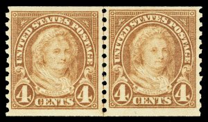 Scott 601 1923 4c Martha Washington Coil Issue Joint Line Pair FVF LH Cat $27.50