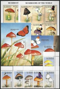 1998 St. Vincent Mushrooms, Butterflies, 4 Sheets+compl set VFMNH!  BEAUTIFUL!