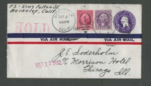 1932 Berkeley Ca To Chicago IL W/Hold In Bold Red For Traveling Salesman Scarce