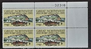 US Scott # 1409; 6c Fort Snelling from 1970; MNH, og, VF plate block of 4