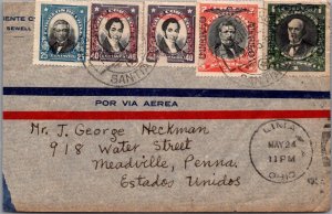 SCHALLSTAMPS CHILE 1933 AIRMAIL COVER MULT FRANKING ADDR USA CANC SANTIAGO