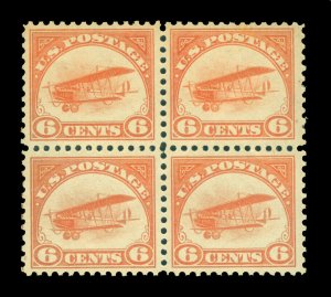 US 1918  AIRMAIL - Curtiss Jenny  6c yellow  Sc # C1 mint MH/NH VF  Block of 4