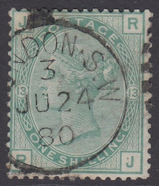 SG 150 1/- green plate 13. Very fine used with a London CDS, June 24th 1880