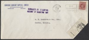 1949 DAMAGED BY STAMPING MACHINE AT HAMILTON ONT Handstamp On #10 Size Cover
