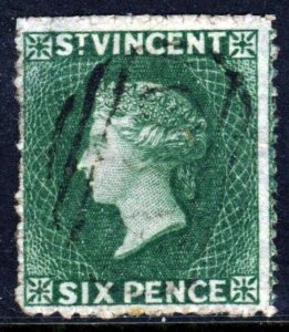 ST. VINCENT QV 1861 Six Pence Deep Yellow-Green No Wmk Rough Perf.15 SG 2 VFU